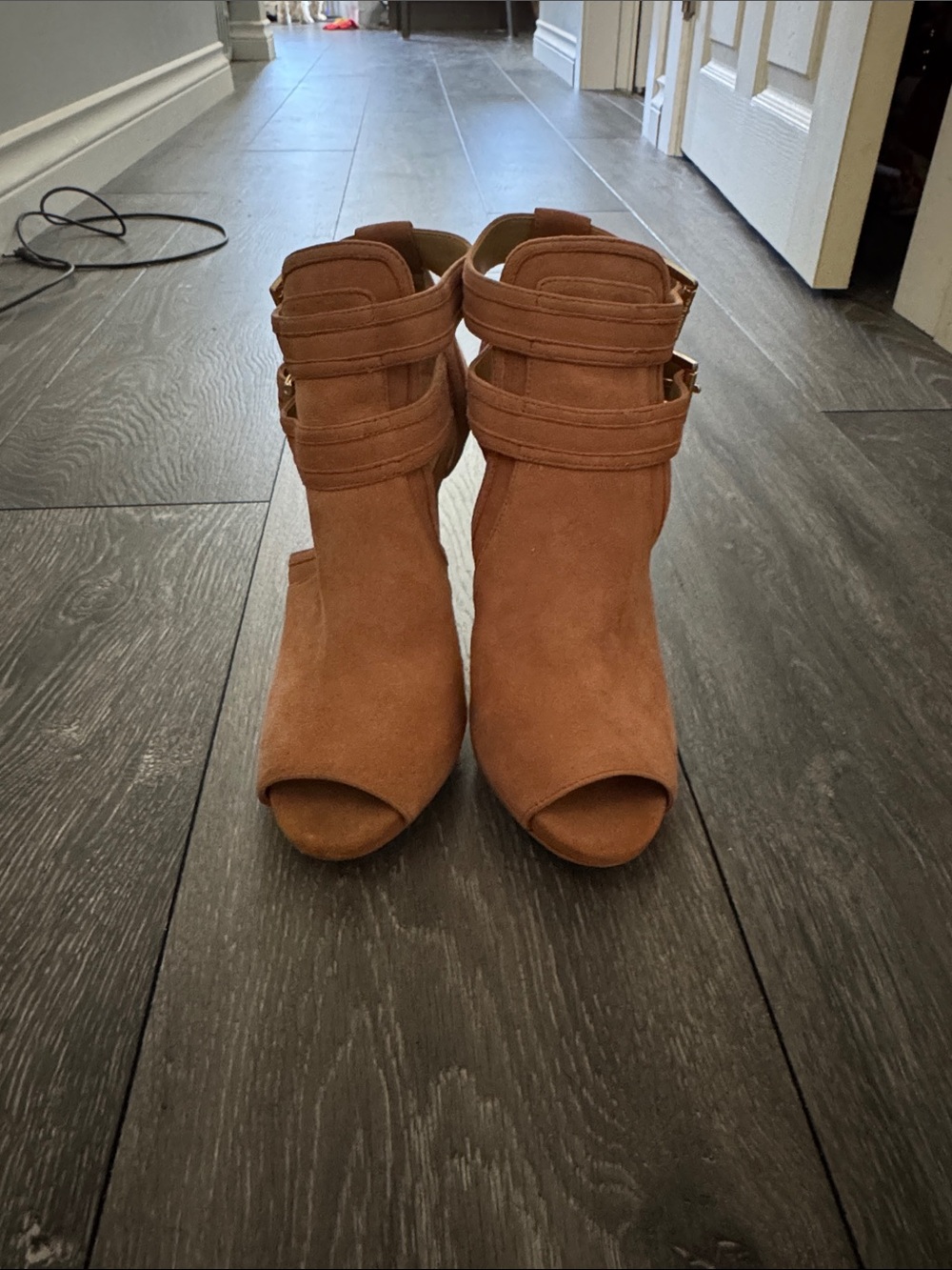 Women’s Micheal kors Peep-Toe Suede Ankle Booties in a Brownie orange colour